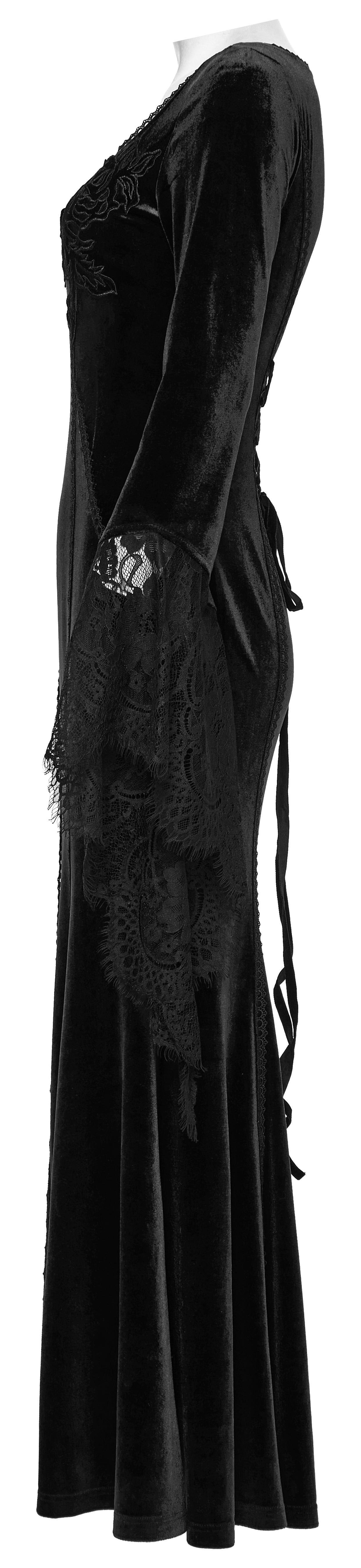 Dramatic flared lace cuffs of the Isolde black velvet dress, adding an ethereal touch to the gothic design.