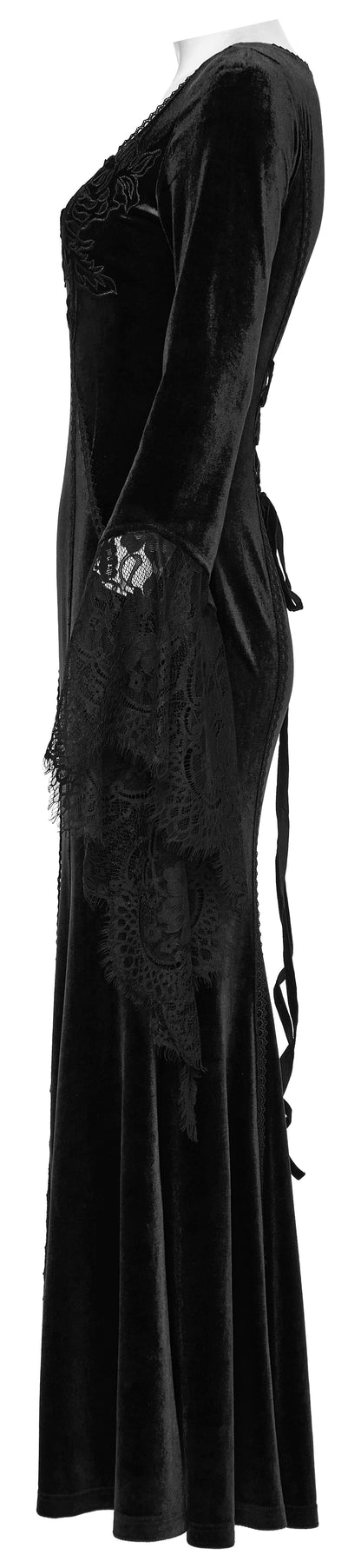 Dramatic flared lace cuffs of the Isolde black velvet dress, adding an ethereal touch to the gothic design.