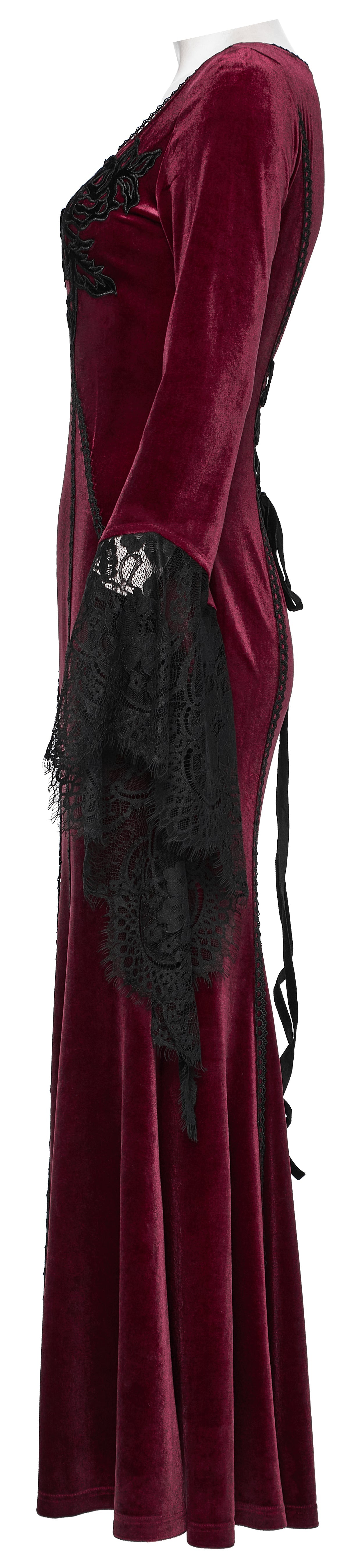 Punk Rave Isolde Velvet Lace Sleeve Dress in rich crimson with corset back, showcasing luxurious velvet fabric and intricate black rose embroidery.