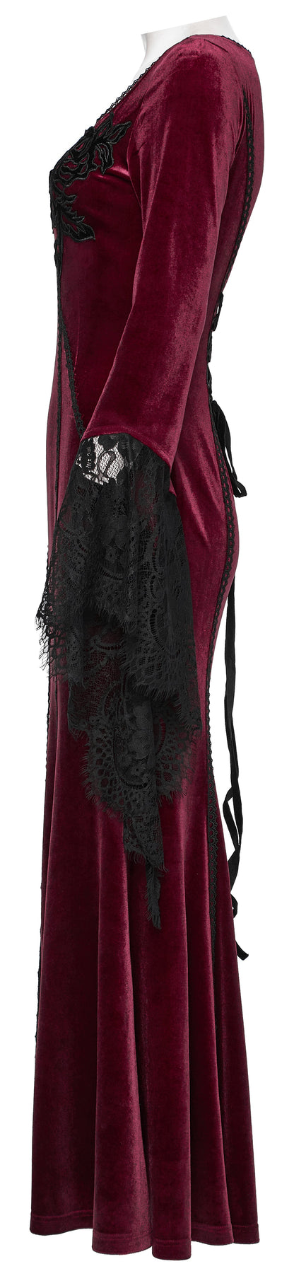 Punk Rave Isolde Velvet Lace Sleeve Dress in rich crimson with corset back, showcasing luxurious velvet fabric and intricate black rose embroidery.