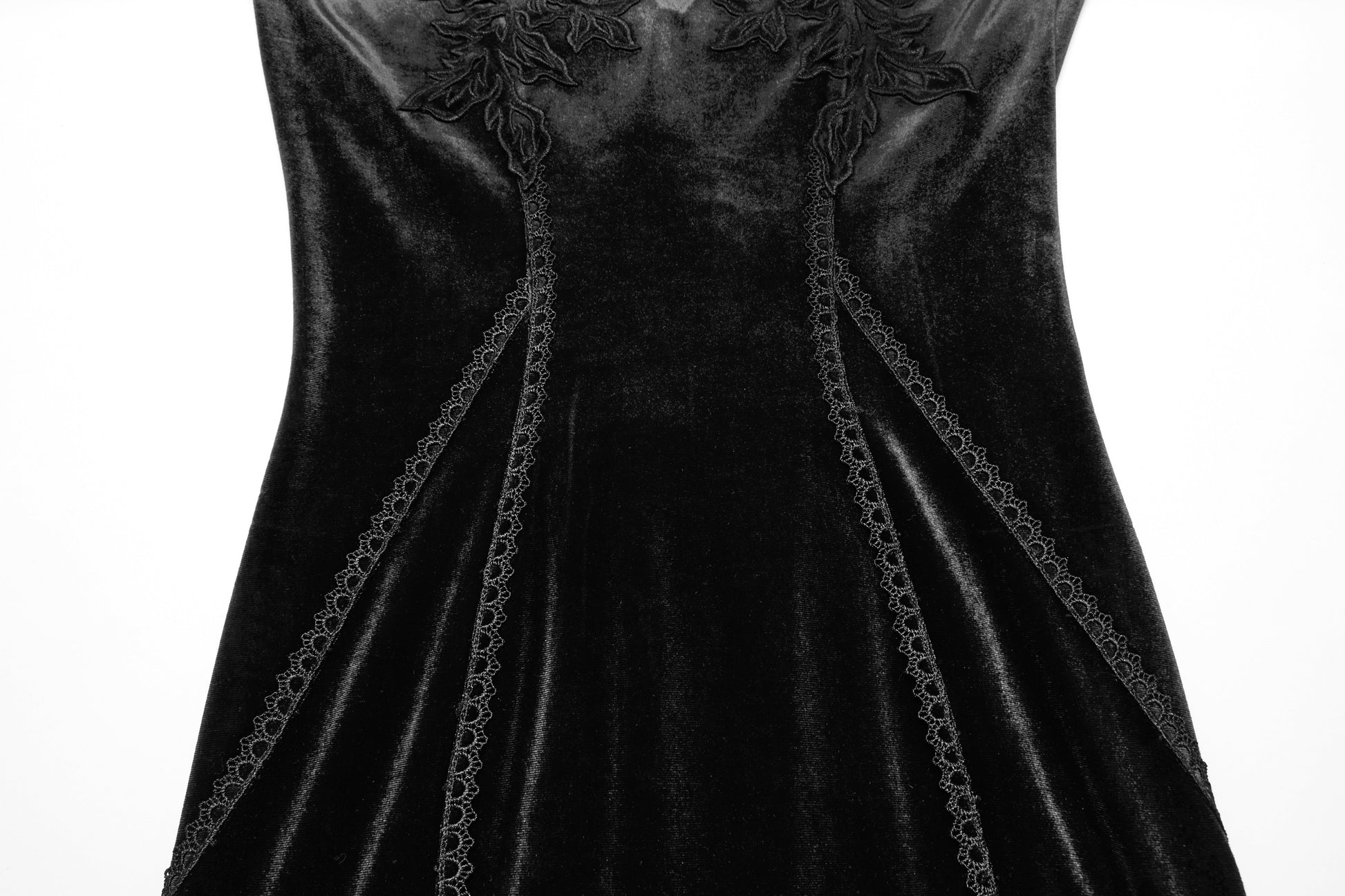 Punk Rave Isolde Black Velvet Lace Sleeve Dress showcasing luxurious gothic elegance with corset back and intricate rose embroidery detailing.