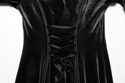 Lace-up corset back view of the Punk Rave Isolde Black Velvet Dress, highlighting the adjustable fit and elegant structure of this gothic masterpiece.