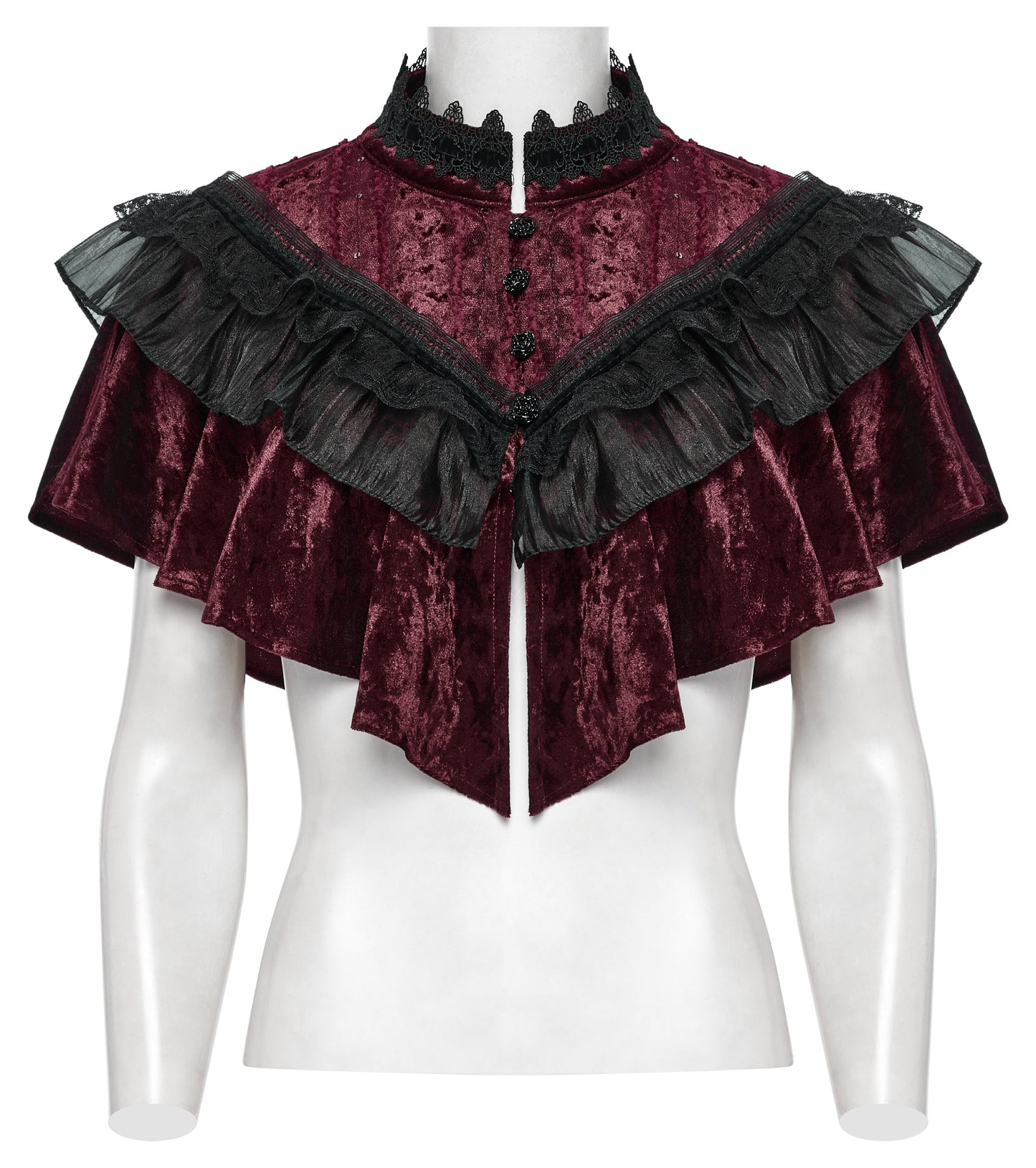 Punk Rave Elysia ruffle shawl elegantly draped over a vintage corset, displaying the dramatic black trim and romantic lace features.