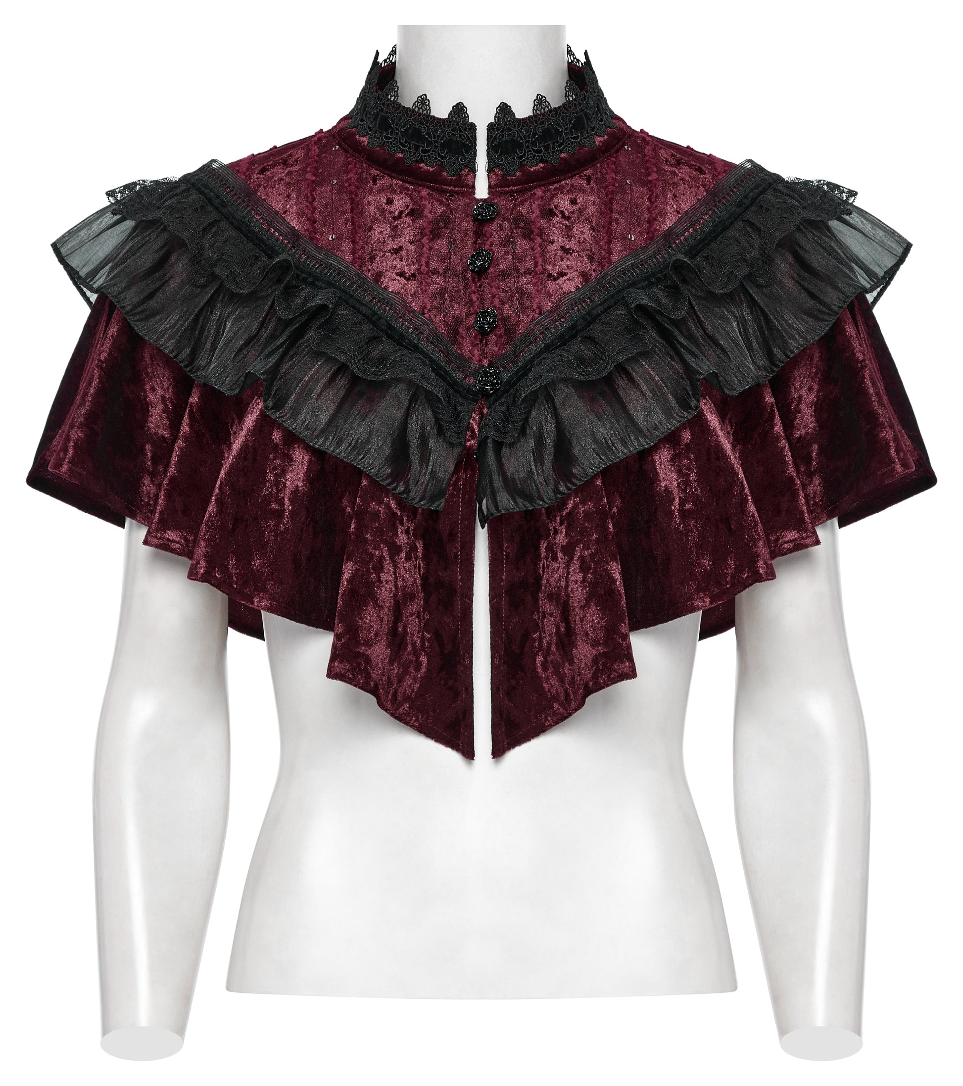 Punk Rave Elysia ruffle shawl elegantly draped over a vintage corset, displaying the dramatic black trim and romantic lace features.