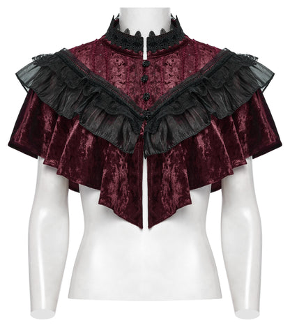 Punk Rave Elysia ruffle shawl elegantly draped over a vintage corset, displaying the dramatic black trim and romantic lace features.
