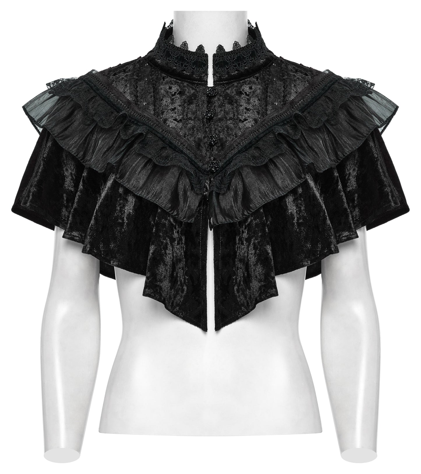 High lace-edged collar of the Punk Rave Elysia Shawl, adding dramatic refinement to any outfit.