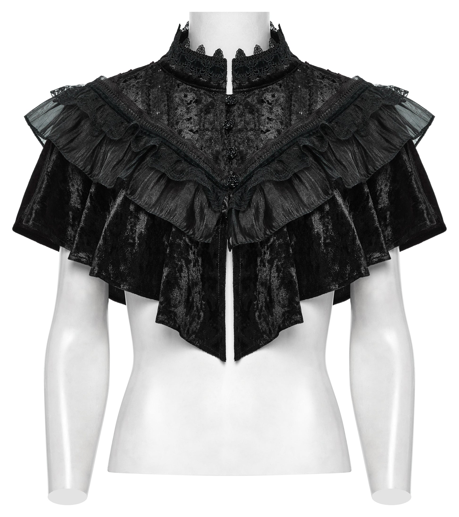 High lace-edged collar of the Punk Rave Elysia Shawl, adding dramatic refinement to any outfit.