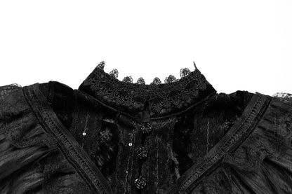 Punk Rave Elysia Gothic Shawl in luxurious black velvet showcasing layered ruffle trim and intricate lace-edged collar for a dramatic Victorian aesthetic.