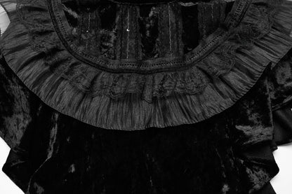 Sophisticated styling of the black velvet ruffle shawl designed for gothic and steampunk aesthetics.