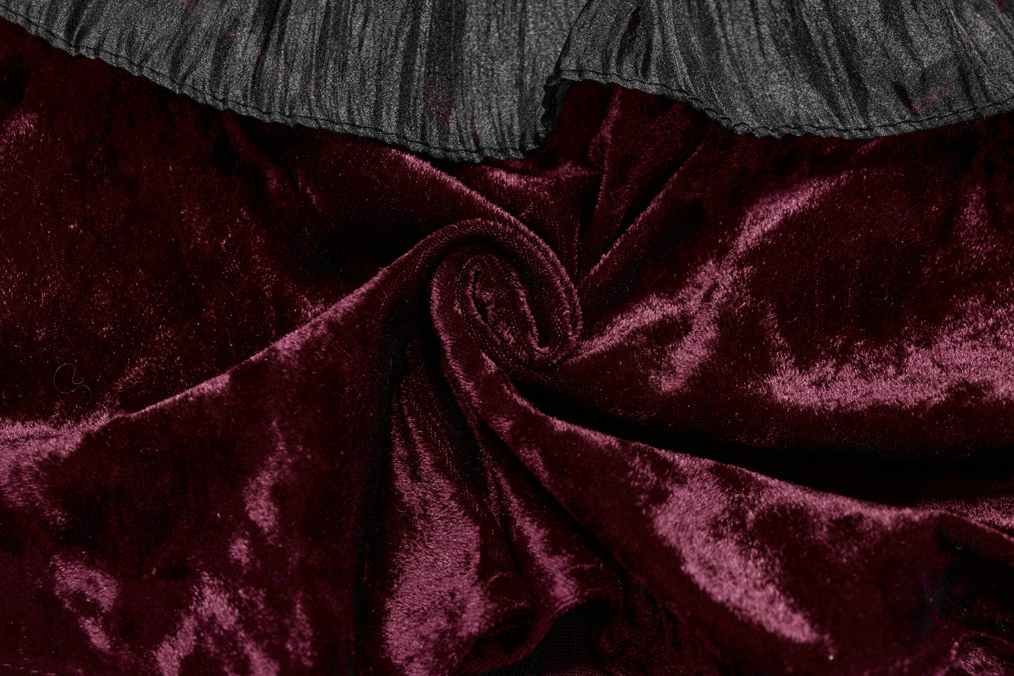 Punk Rave Elysia Crimson Velvet Ruffle Goth Shawl elegantly displayed on a mannequin, showcasing its rich crimson hue and intricate layered ruffle trim in contrasting black.