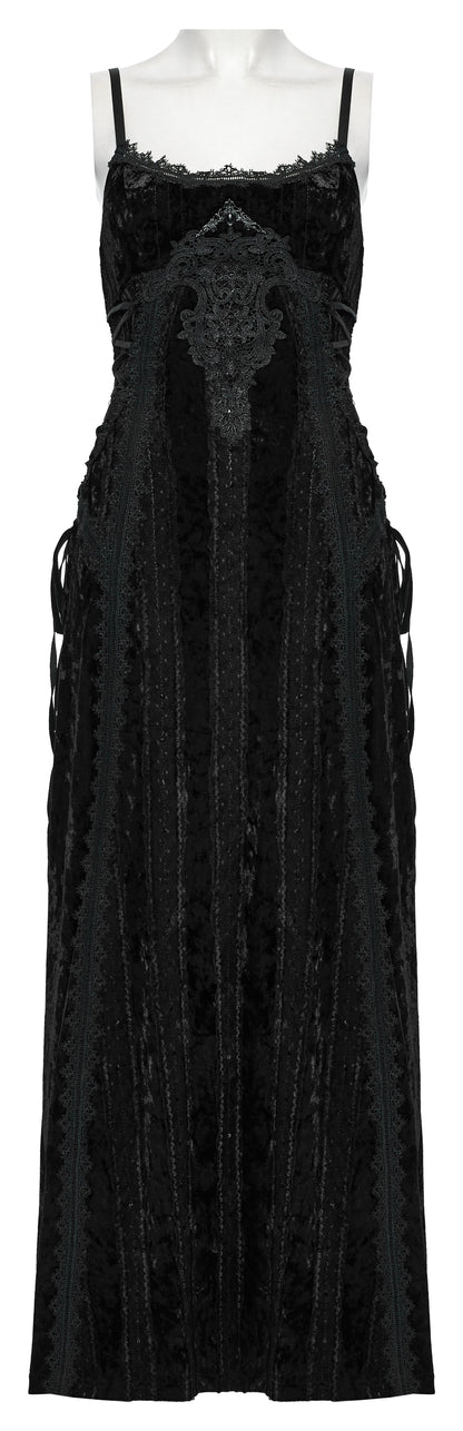 Close-up of the exquisite lace trim and central embroidery panel on the Punk Rave Morrigan Black Velvet Slip Dress, embodying intricate gothic elegance.