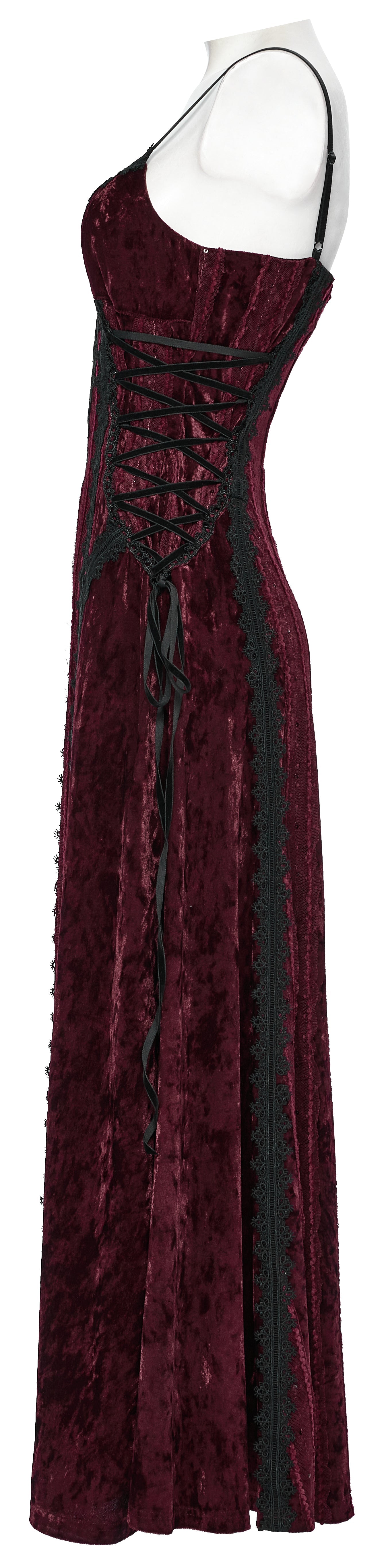 Punk Rave Vivienne Velvet Lace Panel Goth Slip Dress in Burgundy showcasing intricate lace panels and rich embroidered velvet, perfect for an elegant gothic style.
