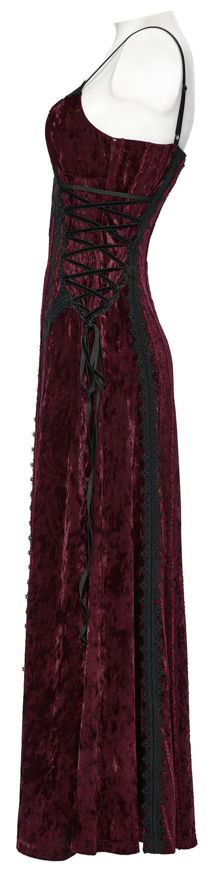 Punk Rave Vivienne Velvet Lace Panel Goth Slip Dress in Burgundy showcasing intricate lace panels and rich embroidered velvet, perfect for an elegant gothic style.