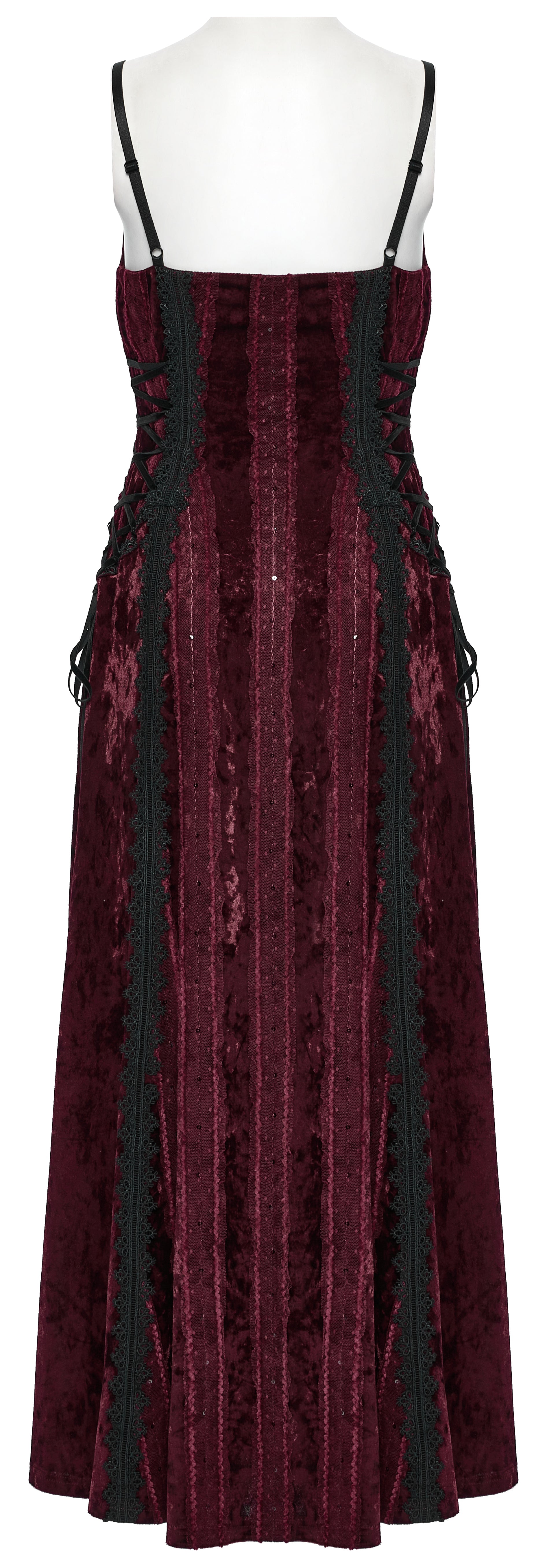 Back view of the Burgundy Punk Rave dress featuring concealed zip closure, demonstrating its flawless fit and sophisticated silhouette for alternative fashion lovers.