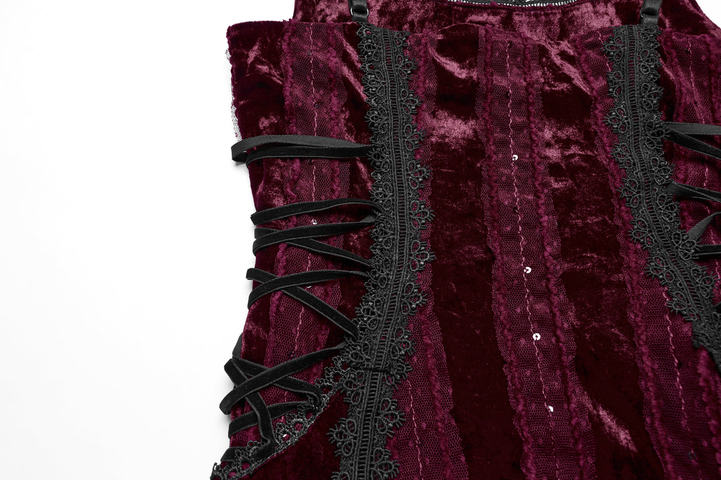 Full-length model image of the Punk Rave Vivienne Velvet Lace Panel Goth Slip Dress worn, emphasizing its regal elegance and romantic gothic style.