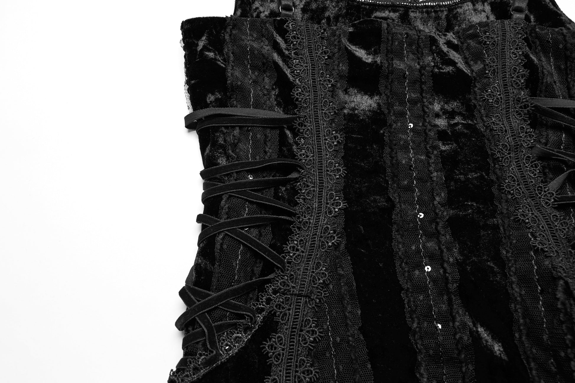 Elegant rear view of the Punk Rave Morrigan Black Velvet Goth Slip Dress, featuring a sleek zipper and flattering silhouette ideal for gothic events.