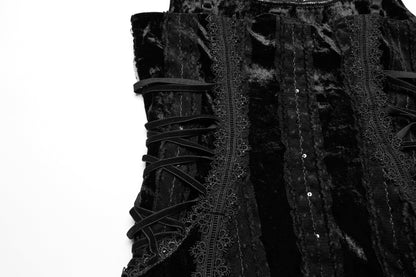 Elegant rear view of the Punk Rave Morrigan Black Velvet Goth Slip Dress, featuring a sleek zipper and flattering silhouette ideal for gothic events.