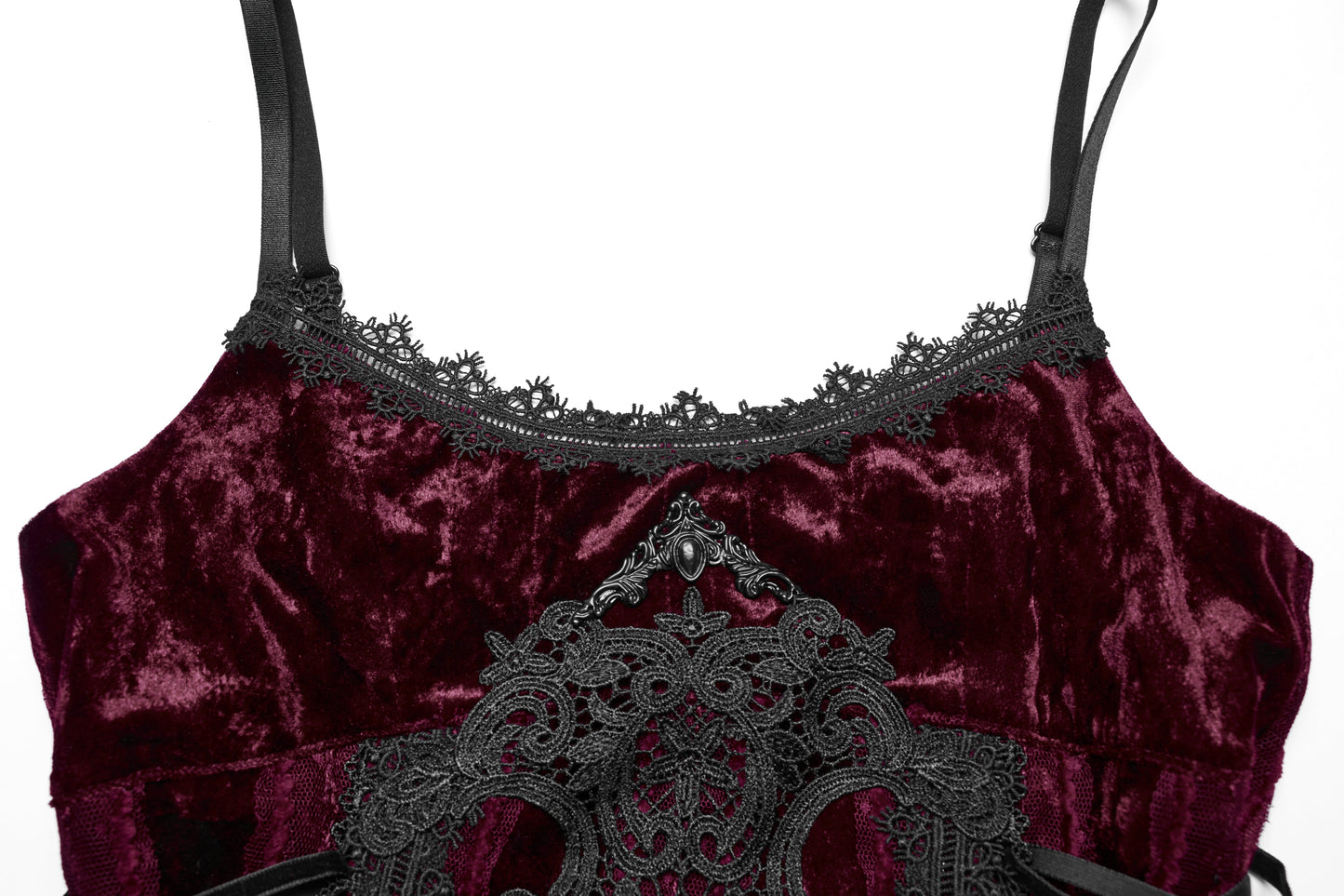 Elegant flat lay of the Punk Rave Vivienne dress with rich velvet texture and intricate lace details, ideal for formal occasions in a gothic aesthetic.