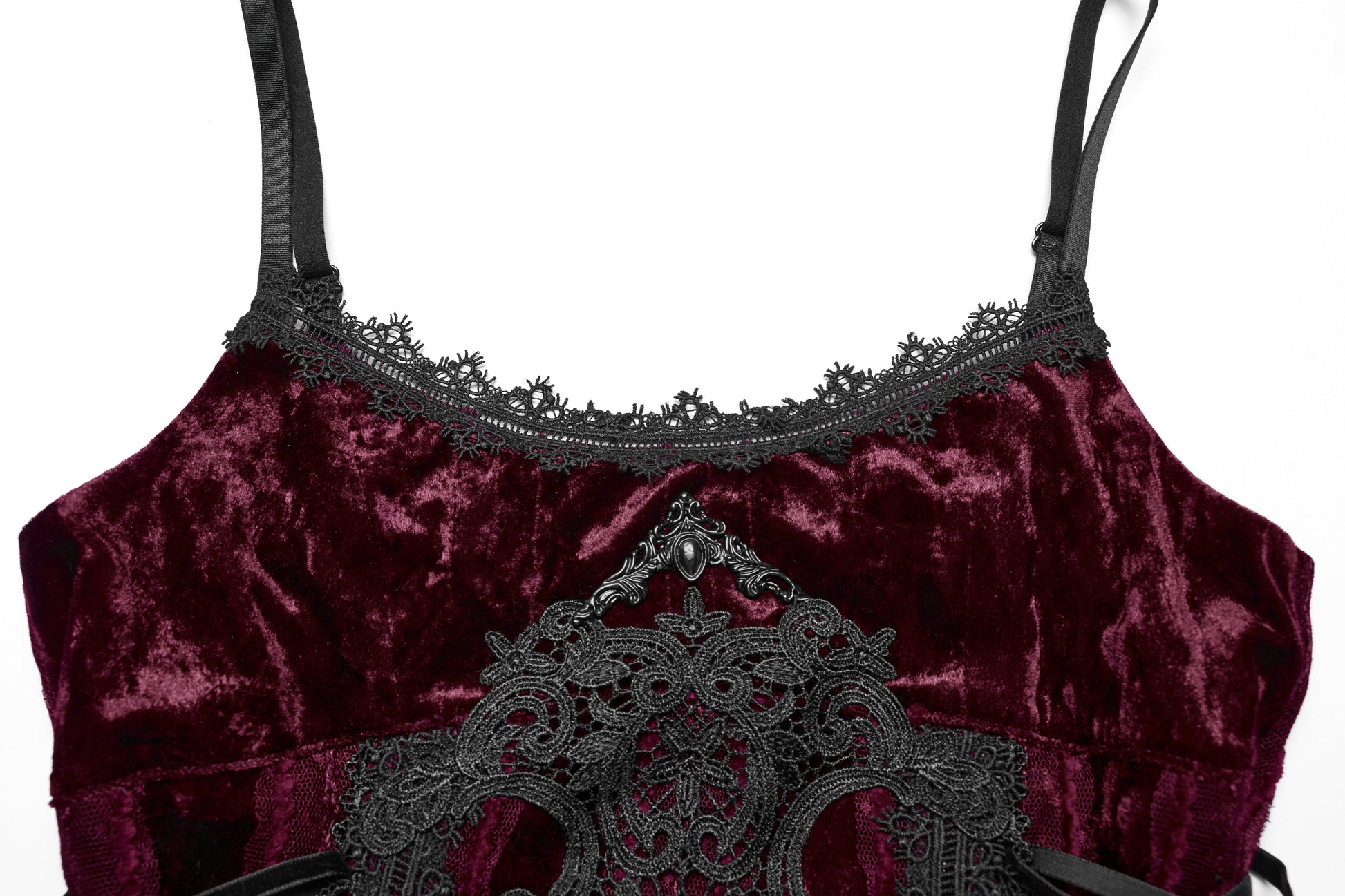 Elegant flat lay of the Punk Rave Vivienne dress with rich velvet texture and intricate lace details, ideal for formal occasions in a gothic aesthetic.