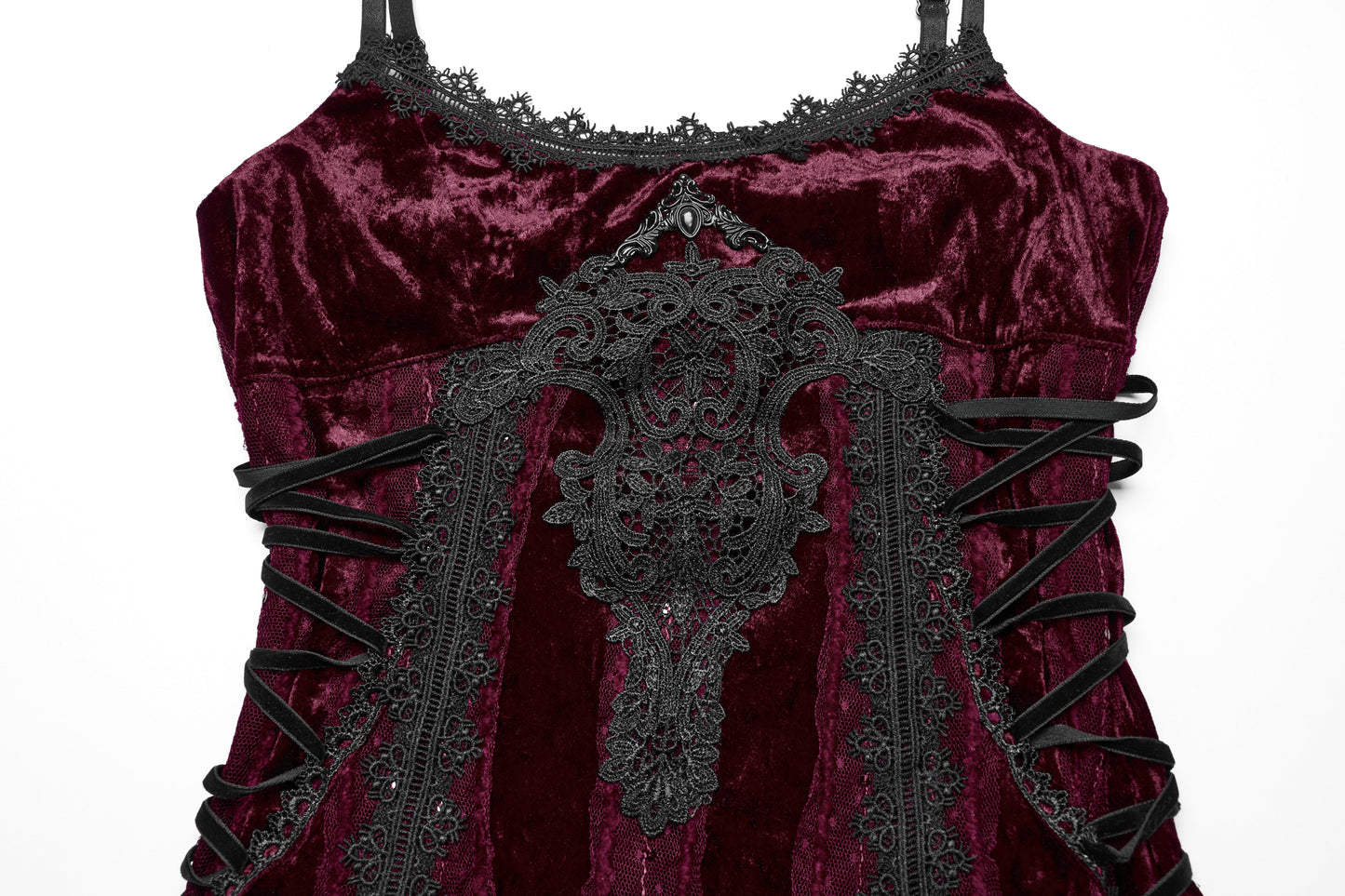 Elegant Burgundy Punk Rave Vivienne Velvet Lace Panel Goth Slip Dress featuring intricate lace detailing and adjustable side straps, perfect for gothic evening wear.