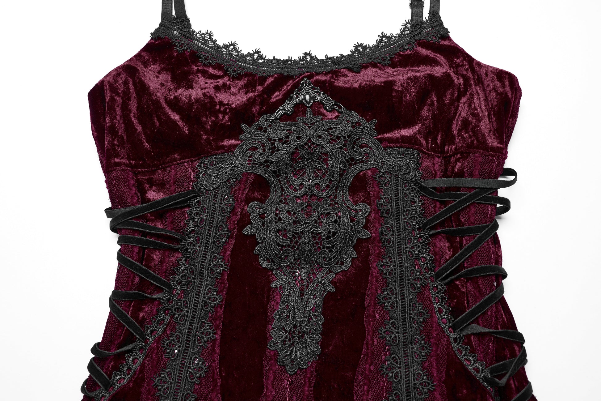 Elegant Burgundy Punk Rave Vivienne Velvet Lace Panel Goth Slip Dress featuring intricate lace detailing and adjustable side straps, perfect for gothic evening wear.