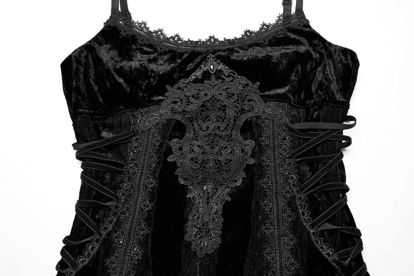 Close-up of the exquisite embroidered lace detailing on the Punk Rave Morrigan Goth Slip Dress, highlighting its luxurious craftsmanship and gothic elegance.