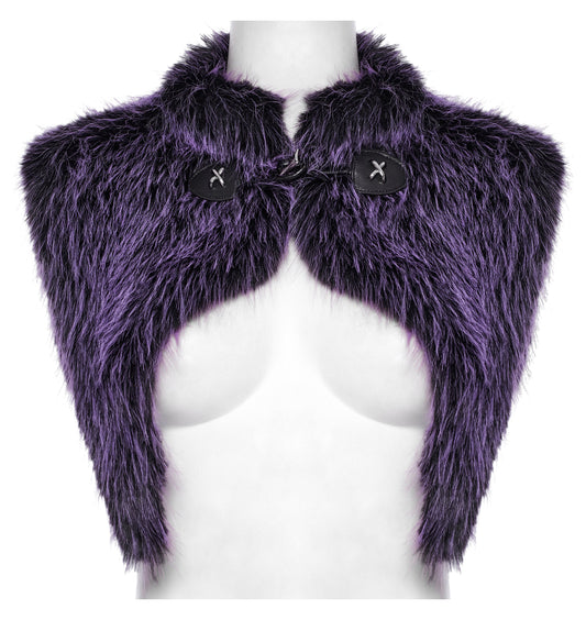 Luxury Punk Rave Lilith Gradient Faux Fur Shawl in Violet, featuring a stand-up collar and devilish design, perfect for gothic and alternative fashion enthusiasts.