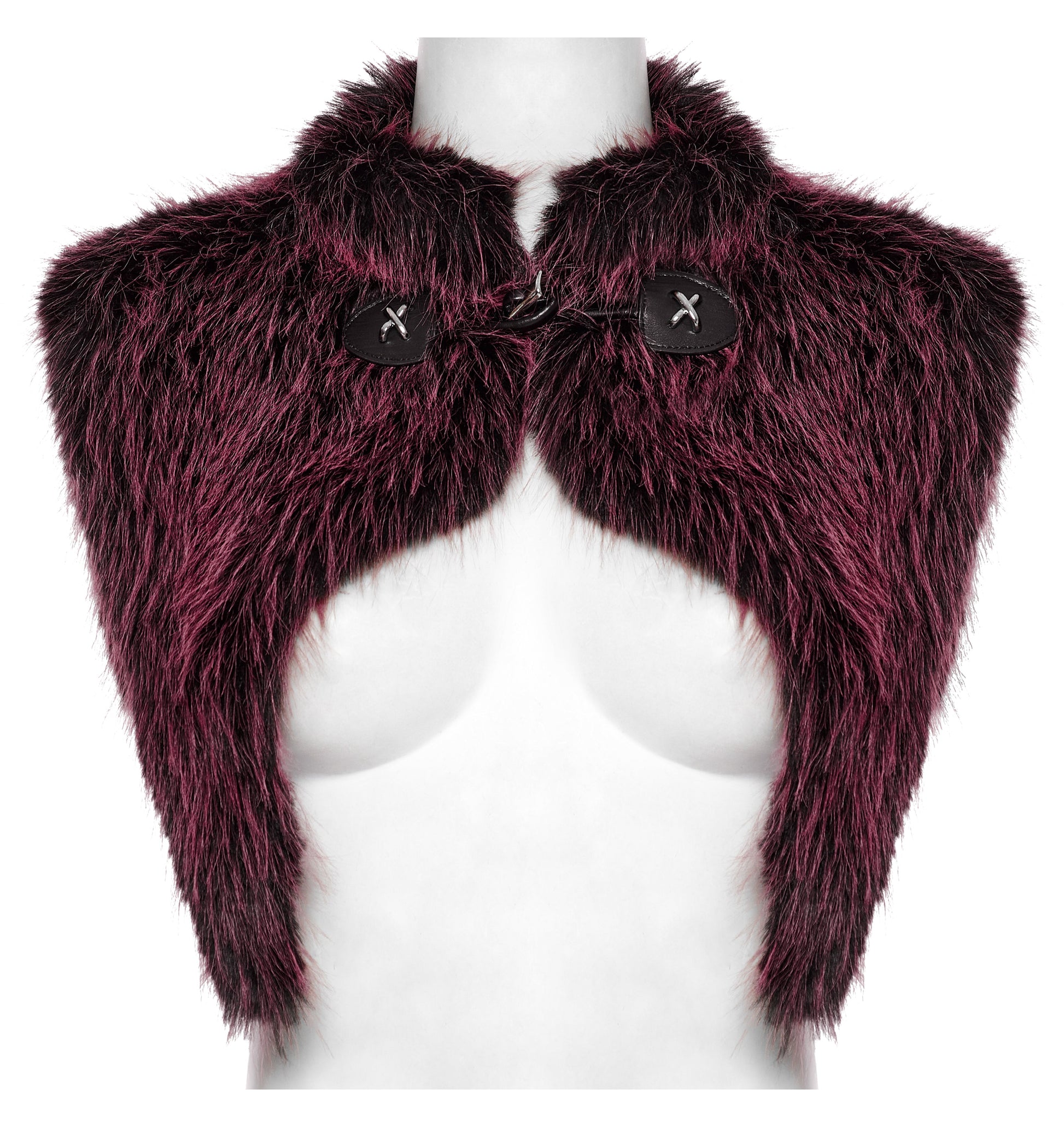 Luxurious Punk Rave Lilith Gradient Devil Shawl in Crimson showcasing plush black-to-crimson faux fur with a stand-up collar, perfect for gothic and punk aesthetics.