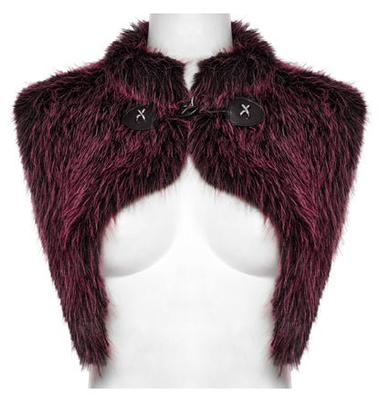 Luxurious Punk Rave Lilith Gradient Devil Shawl in Crimson showcasing plush black-to-crimson faux fur with a stand-up collar, perfect for gothic and punk aesthetics.