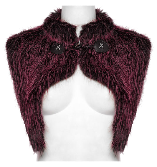Luxurious Punk Rave Lilith Gradient Devil Shawl in Crimson showcasing plush black-to-crimson faux fur with a stand-up collar, perfect for gothic and punk aesthetics.