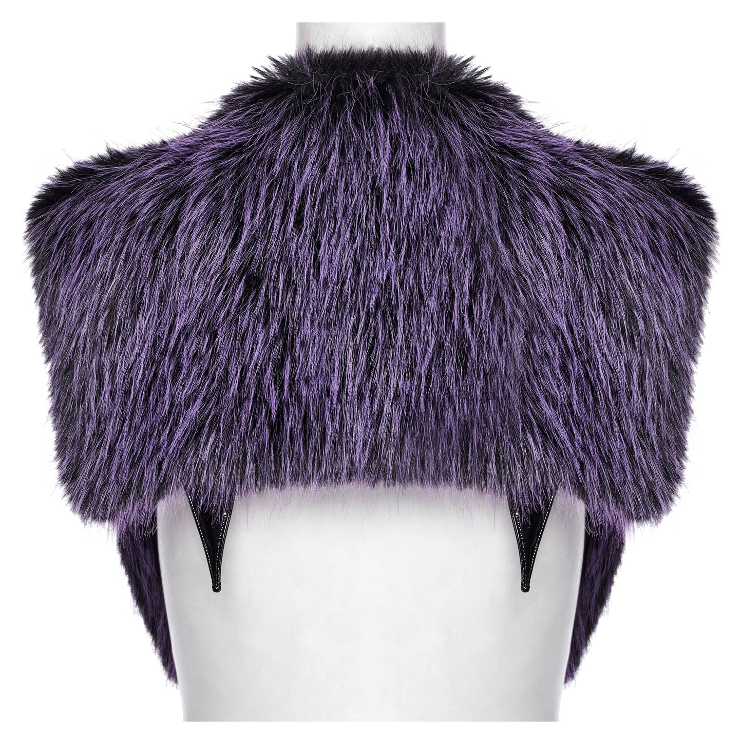 Punk Rave Lilith Gradient Faux Fur Shawl worn elegantly to display its flattering wide shoulder cut and horn-inspired detailing at the back.