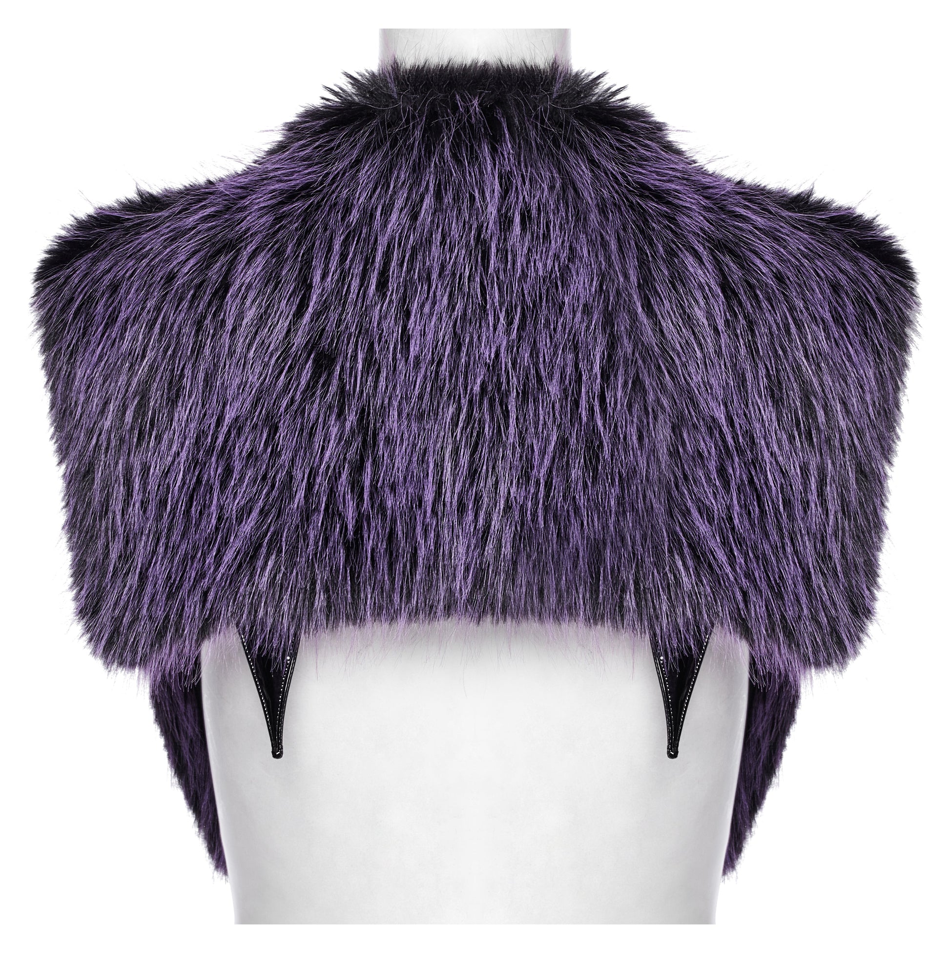 Punk Rave Lilith Gradient Faux Fur Shawl worn elegantly to display its flattering wide shoulder cut and horn-inspired detailing at the back.