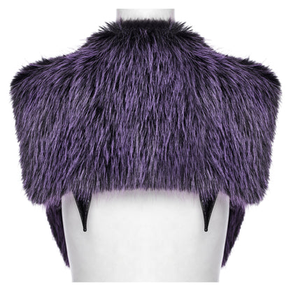 Punk Rave Lilith Gradient Faux Fur Shawl worn elegantly to display its flattering wide shoulder cut and horn-inspired detailing at the back.