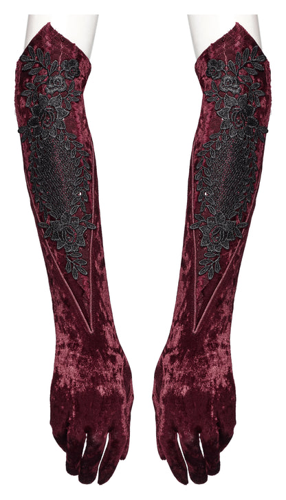 Model wearing velvet gloves with pointed cuffs, demonstrating the perfect fit and elegant silhouette for evening wear and alternative outfits.