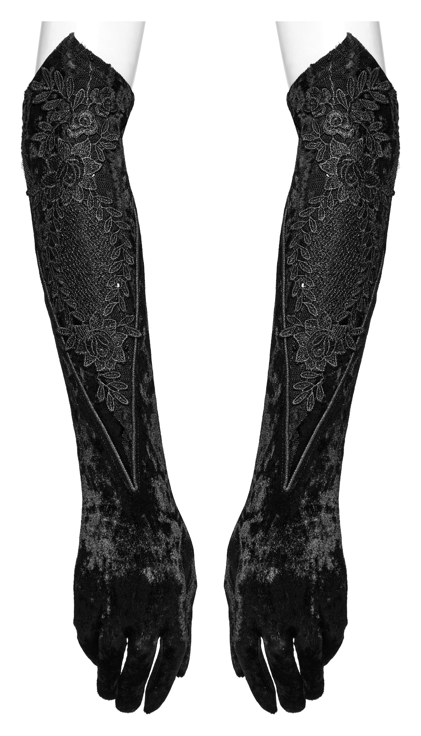 Punk Rave Selene black velvet gloves displayed elegantly on a vintage-inspired backdrop, highlighting their luxurious texture and alternative style.