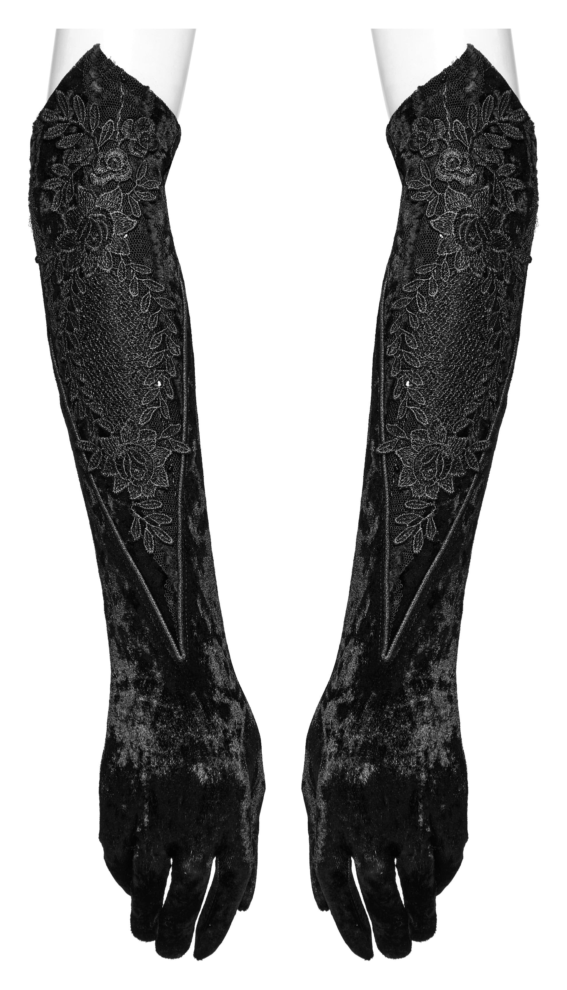 Punk Rave Selene black velvet gloves displayed elegantly on a vintage-inspired backdrop, highlighting their luxurious texture and alternative style.