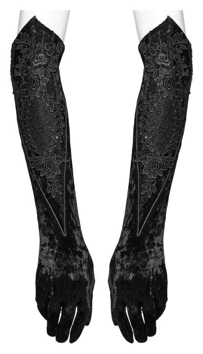 Punk Rave Selene black velvet gloves displayed elegantly on a vintage-inspired backdrop, highlighting their luxurious texture and alternative style.
