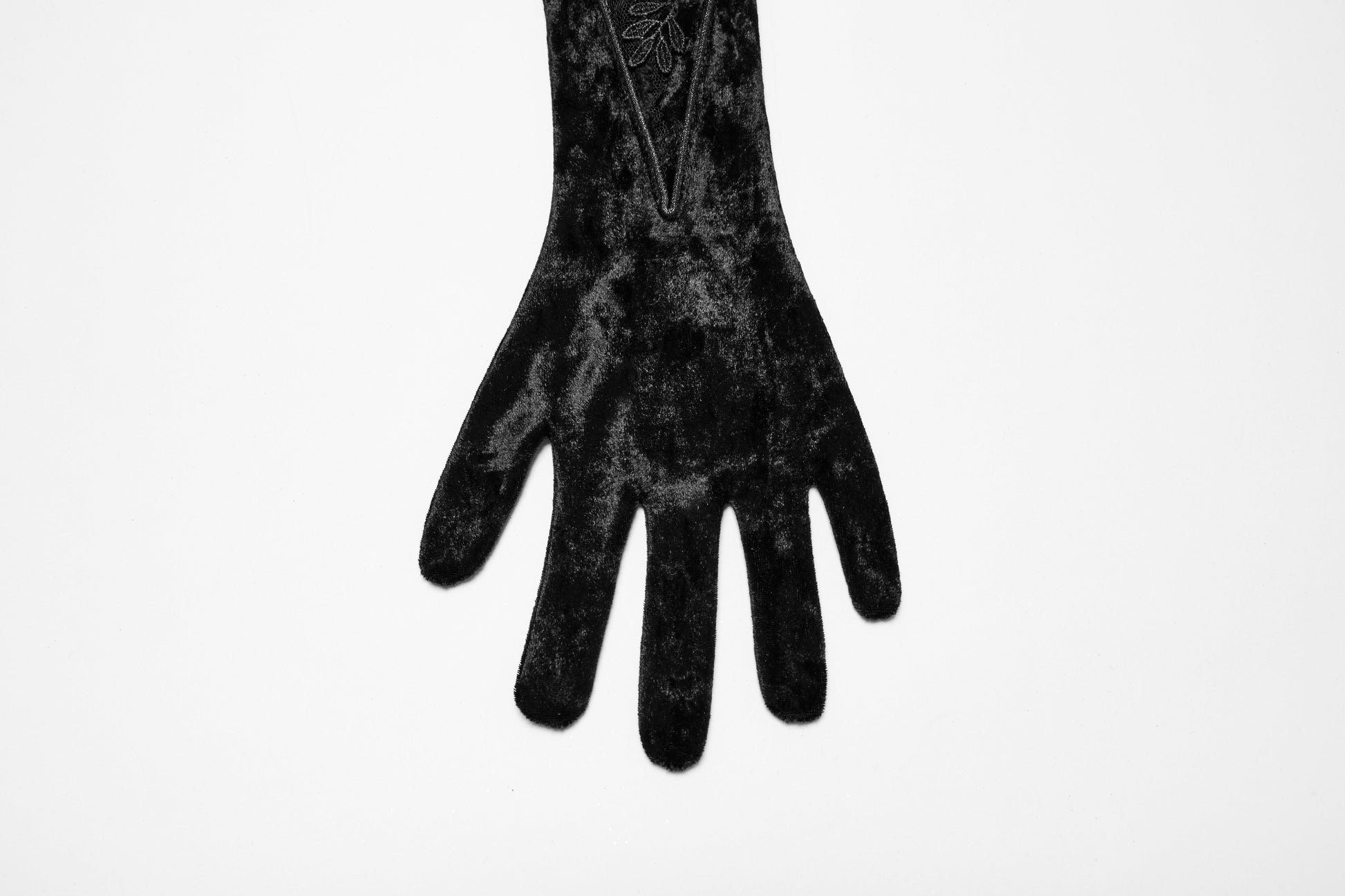 Punk Rave Selene Black Velvet Gloves showcasing intricate floral embroidery and pointed cuffs for a gothic touch.