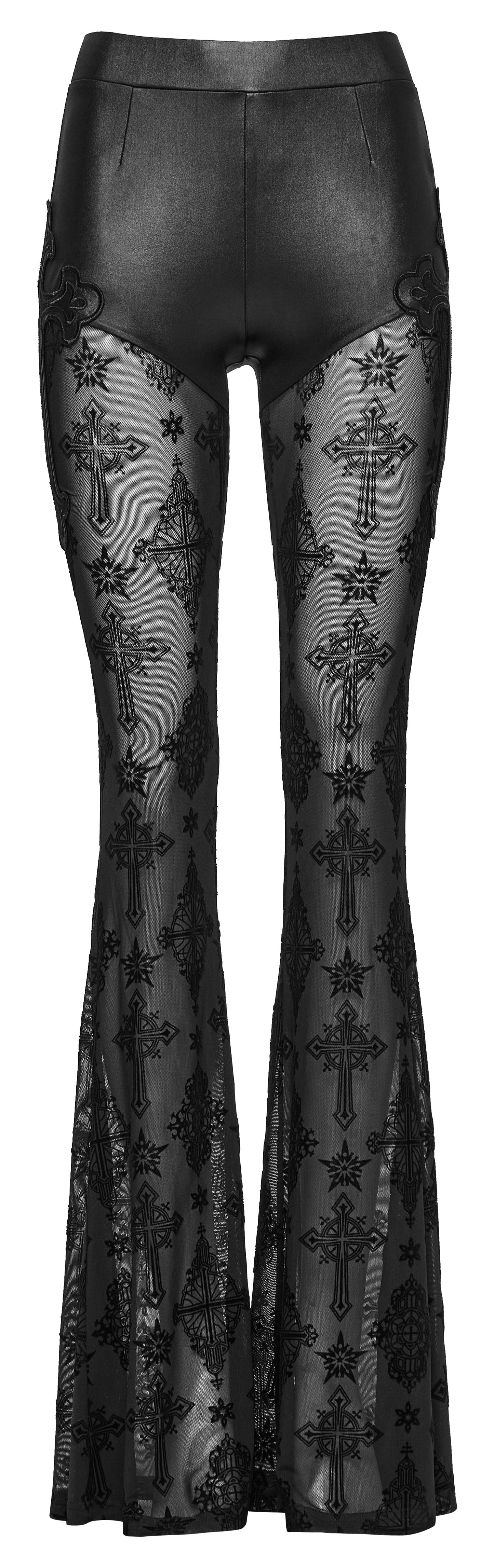 Close-up view of the sheer mesh lower section of Punk Rave Seraphina Flare Pants with detailed cross embroidery, embodying dark elegance.