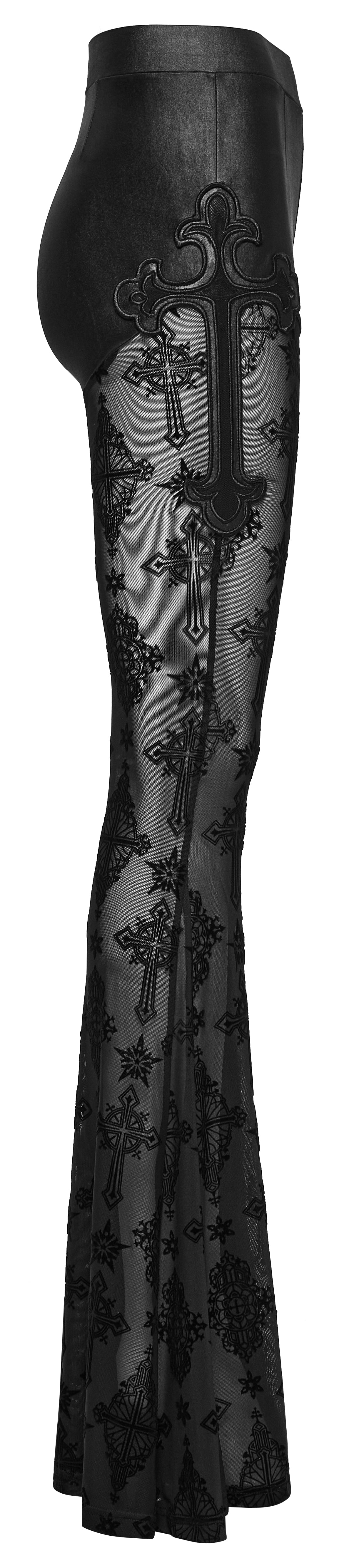 Back view of the Punk Rave Seraphina Cross Flocking Flare Pants highlighting the seamless blend of sheer and leather materials.