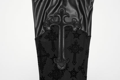 Flat lay of Gothic Punk Rave Seraphina Cross Flocking Flare Pants on a dark surface, emphasising the luxurious fabric and intricate details.