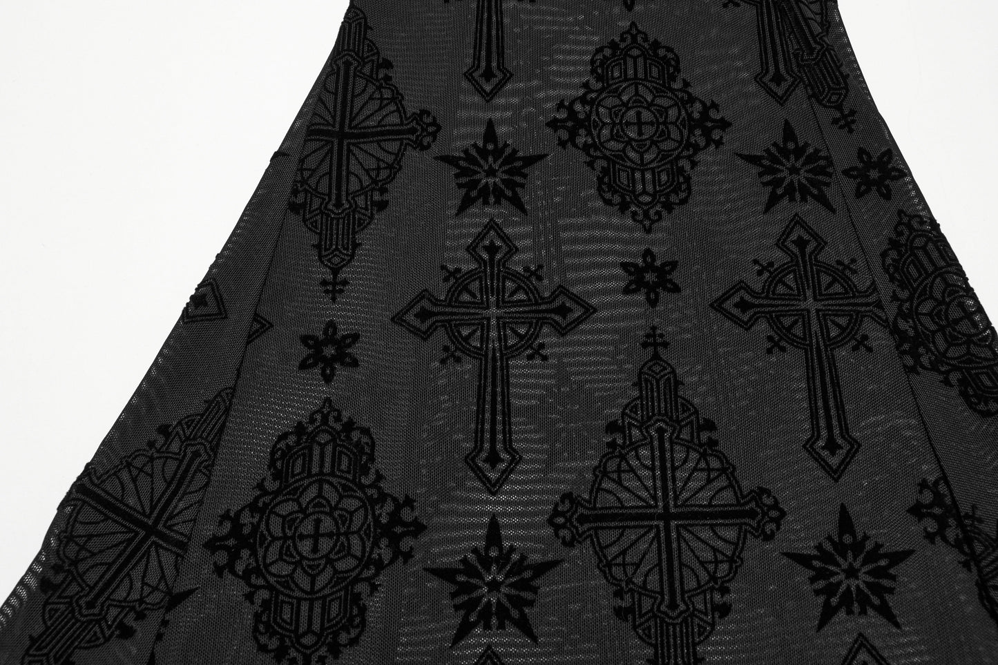 Elegant Gothic Punk Rave Seraphina Cross Flocking Flare Pants showcasing intricate cross-patterned flocking design on sheer mesh and glossy leather for a luxurious alternative fashion statement.