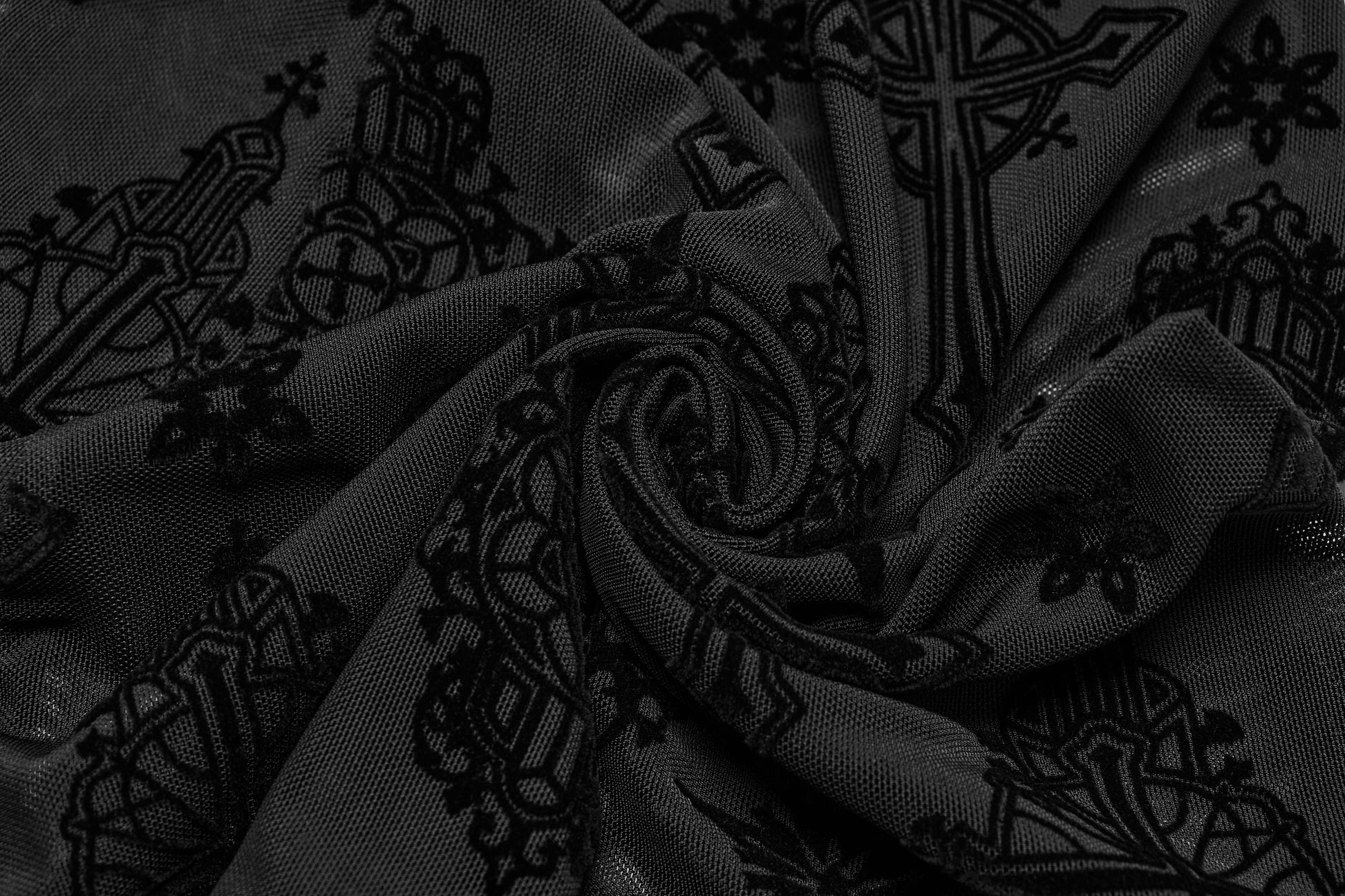 Full-length image of the stunning Gothic Seraphina Cross Flocking Flare Pants, emphasising the dramatic silhouette and layered edgy aesthetic ideal for fashionable alternative attire.