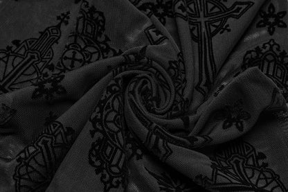 Full-length image of the stunning Gothic Seraphina Cross Flocking Flare Pants, emphasising the dramatic silhouette and layered edgy aesthetic ideal for fashionable alternative attire.