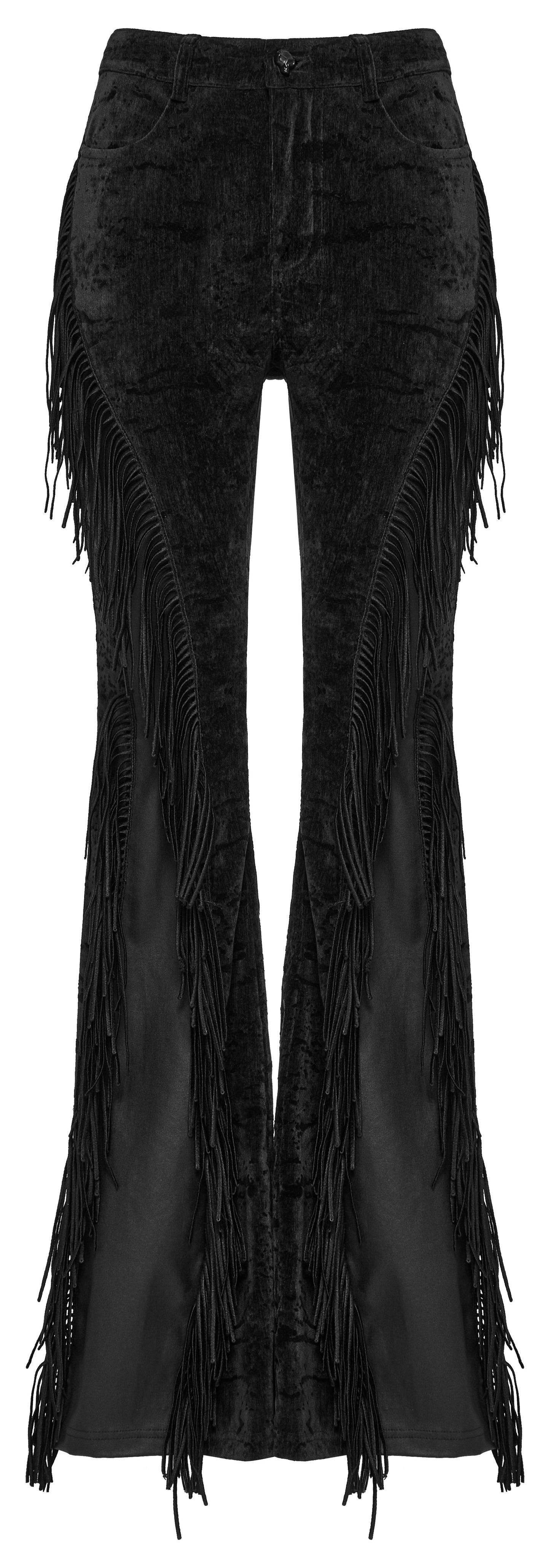 Elegant black Punk Rave Morrigan Wasteland Tassel Flare Trousers showcasing dramatic flared legs and fringe tassels, perfect for alternative gothic fashion.