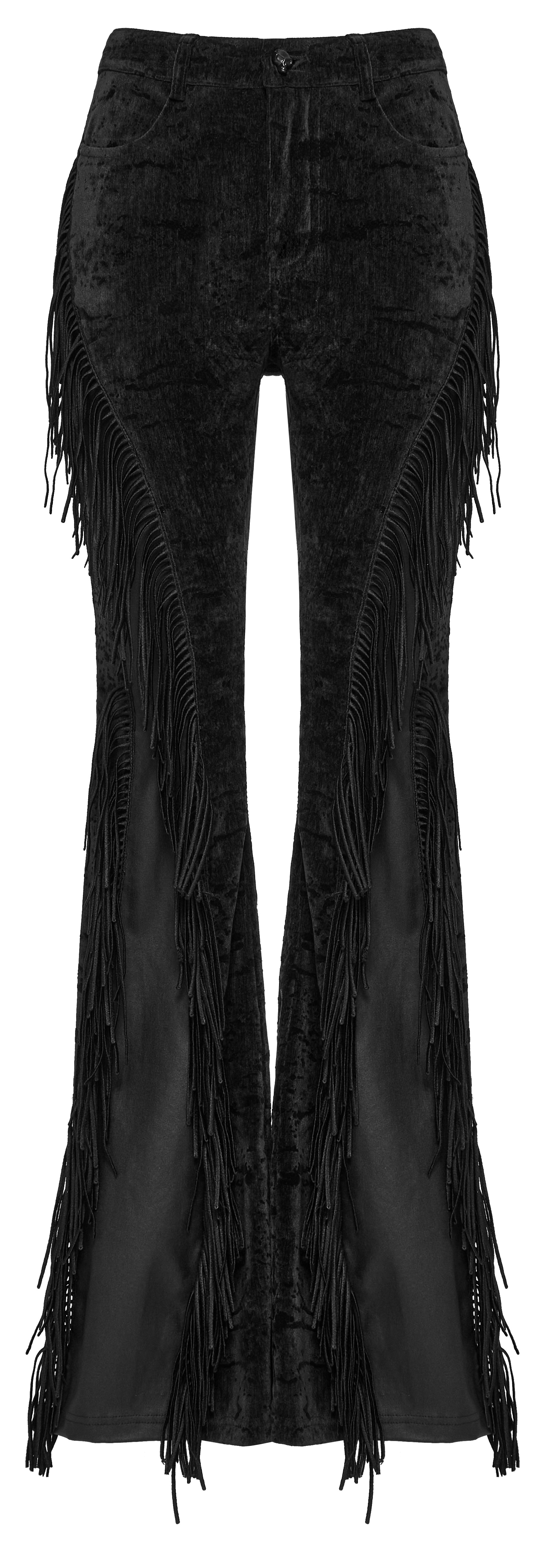 Elegant black Punk Rave Morrigan Wasteland Tassel Flare Trousers showcasing dramatic flared legs and fringe tassels, perfect for alternative gothic fashion.
