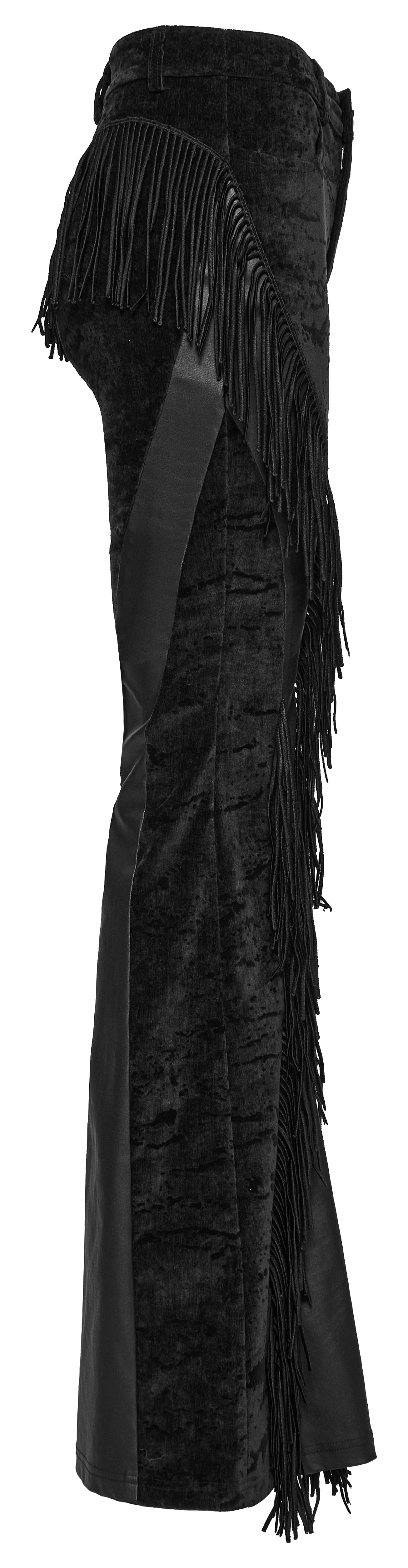 Detail shot of the tassel flare trousers highlighting the rich texture and design elements, perfect for those seeking standout goth fashion pieces.