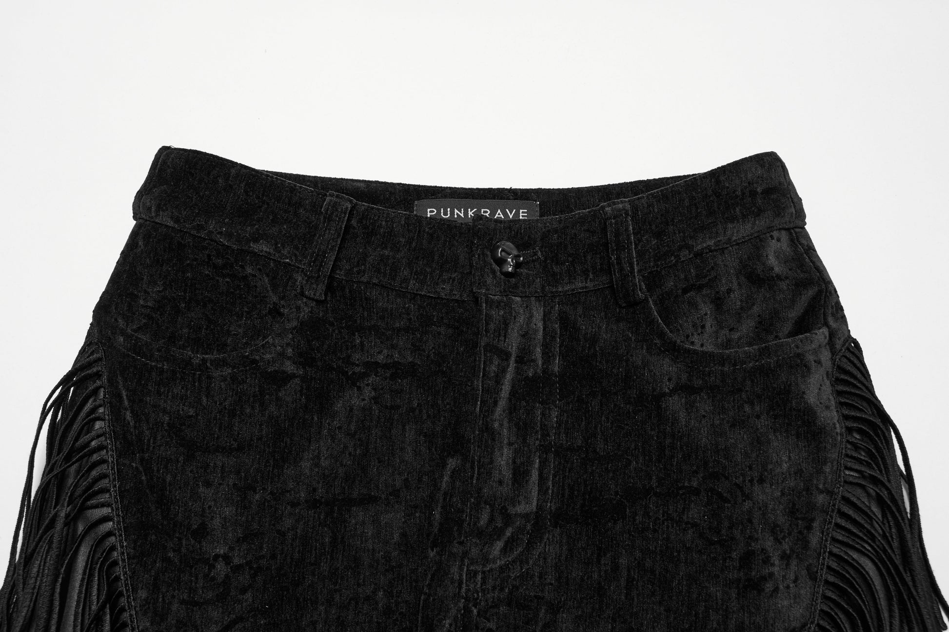 Model wearing black Punk Rave Morrigan Wasteland Tassel Flare Trousers, illustrating the fitted upper and flattering flared silhouette ideal for punk and alternative styles.