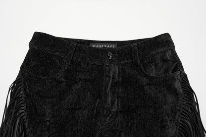 Model wearing black Punk Rave Morrigan Wasteland Tassel Flare Trousers, illustrating the fitted upper and flattering flared silhouette ideal for punk and alternative styles.