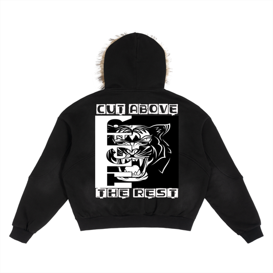 Close-up view of the luxury sun fade boxy hoodie featuring intricate fabric texture, ideal for a sophisticated yet casual look.